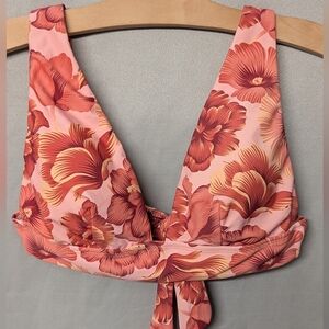 Floral Tie-Back Bikini Top in Coral Pink Size M